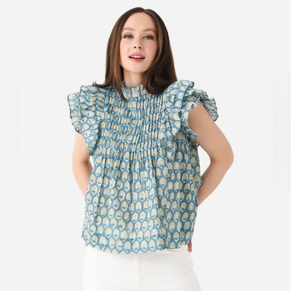 Nwot Oliphant Blue Floral Pintuck Ruffle Sleeve Top 100% Cotton